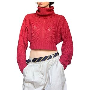 Red chunky cable knit Cropped turtleneck sweater by Azalea, size S.